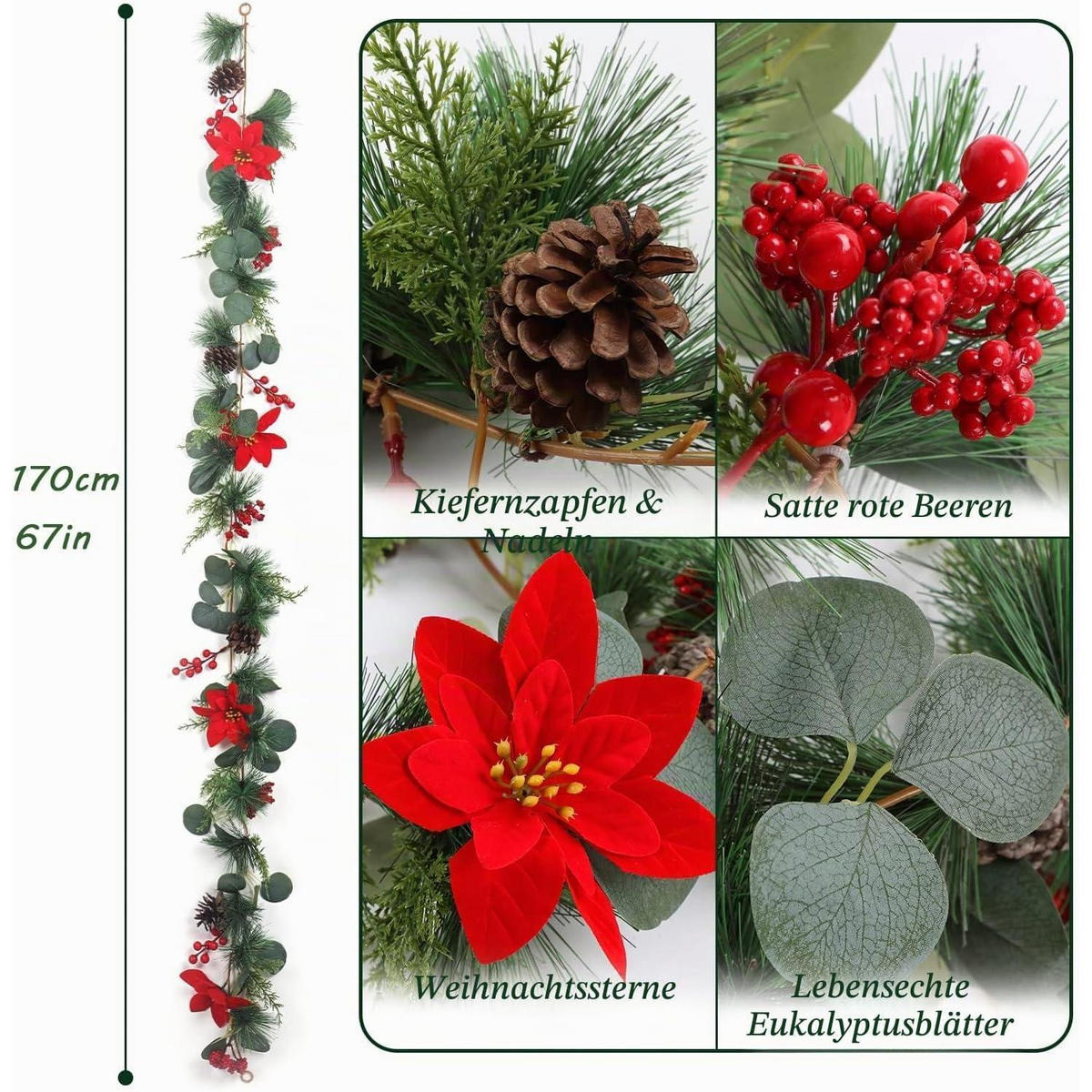 WEIHNACHTSGIRLANDE Künstliche Tannengirlande mit roten Beeren 170 cm - Multicolor, Kunststoff (170cm)