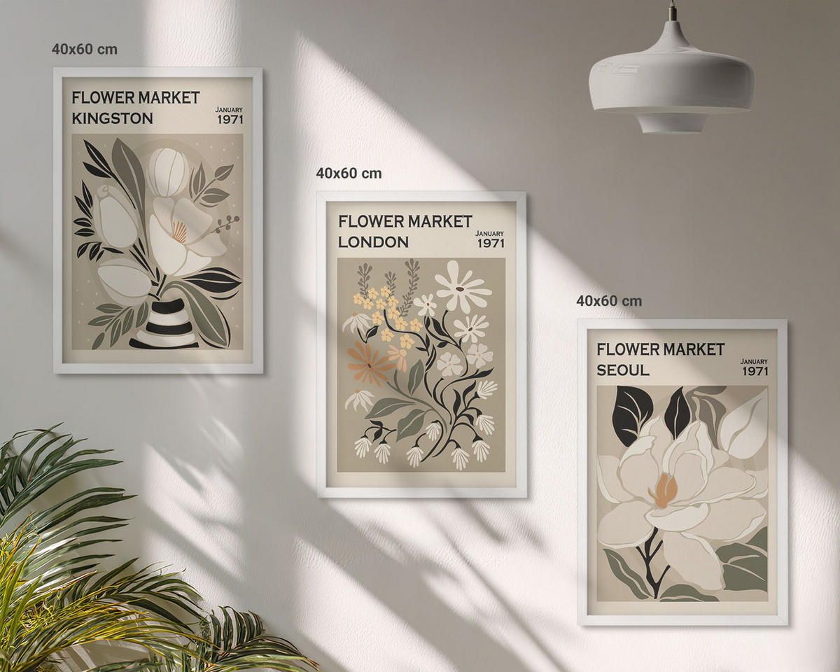 BILDER SET 3er Set - 40x60 cm Weißer Rahmen - Retro-Blumen aus Städten rund um die Welt - Weiß, Kunststoff (40/60cm) - TULUP