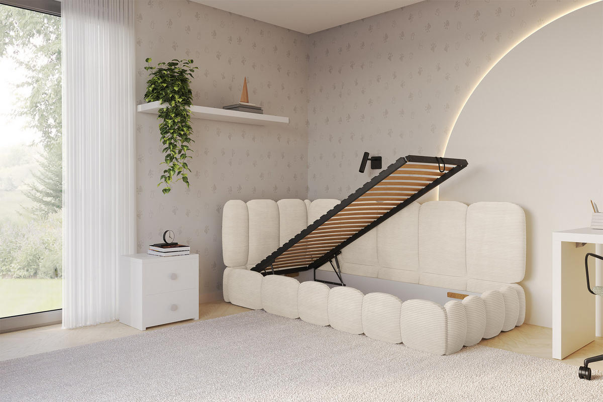 EINZELLBETT Jugendbett mit Bettkasten und Matratze H3/H4, Rechts - AVRY 80x200 Beige - Kaschmir, Holzwerkstoff/Textil (80/200cm) - ALTDECOR