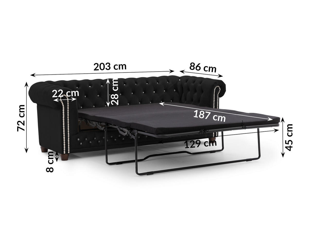 CHESTERFIELD-SOFA 3-Sitzer mit Schlaffunktion Cleo Blink Schwarz Samt mit Kristallsteppung und braunen Massivholzfüßen - Schwarz/Braun, Holz/Textil (203/72/86cm) - S-Style Möbel