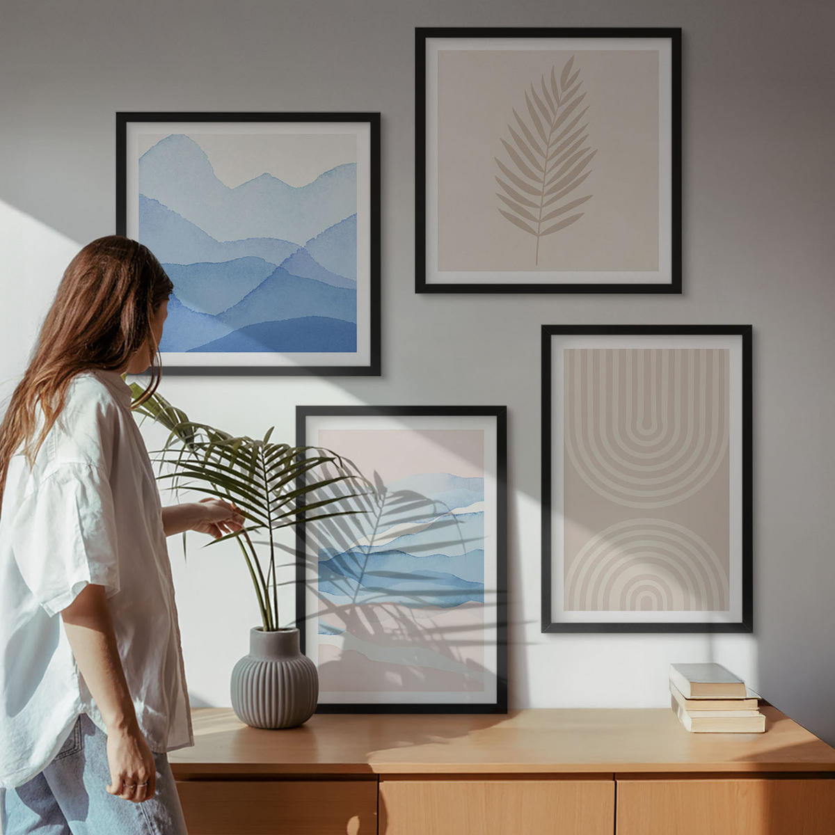 WANDBILDER 4er-Set - 50x50 cm & 40x60 cm Schwarzer Rahmen - Blätterwellen beige blau - Schwarz, Kunststoff (50/50cm) - ArtPrintCave