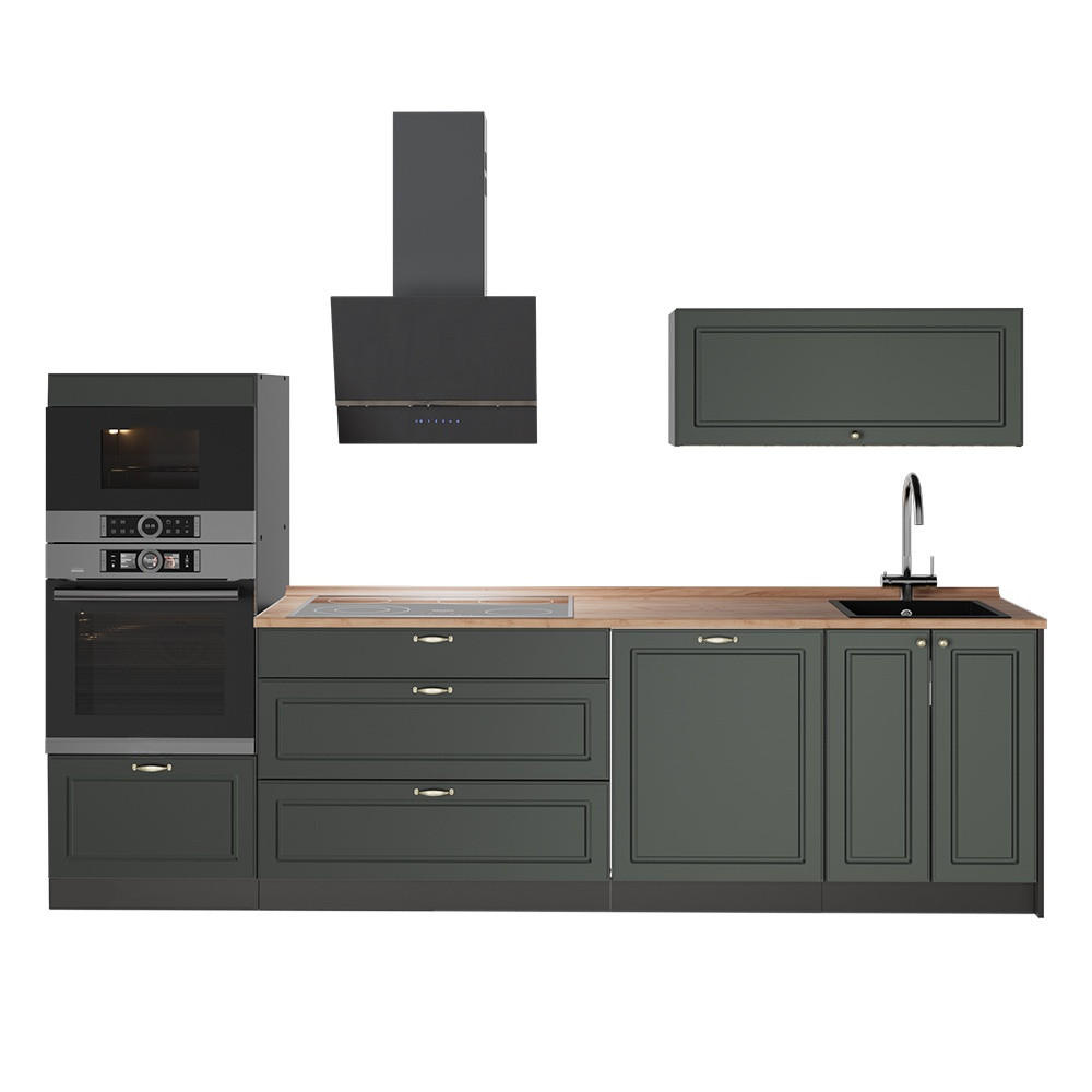 KÜCHENZEILE Fame-Line, Grün-Gold Landhaus/Anthrazit, 280 cm, AP Eiche - Anthrazit/Grün, Holzwerkstoff (280/153.6/60cm) - Vicco
