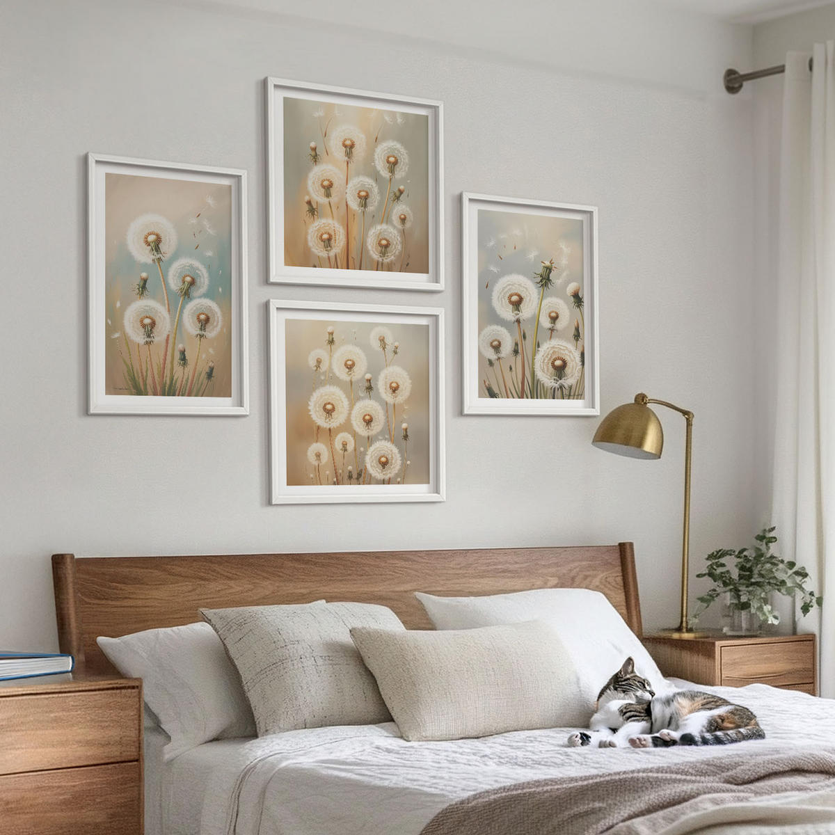 WANDBILDER 4er-Set - 50x50 cm & 40x60 cm Weißer Rahmen - Pastellfarbene Löwenzahnblüten - Weiß, Kunststoff (50/50cm) - ArtPrintCave