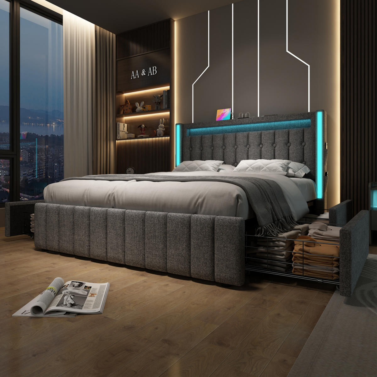 TAPECIRANI krevet od lana 160x200 cm sivi s LED rasvjetom, USB-C priključkom i 4 ladice - siva, tekstil (160/200cm) - Modfu