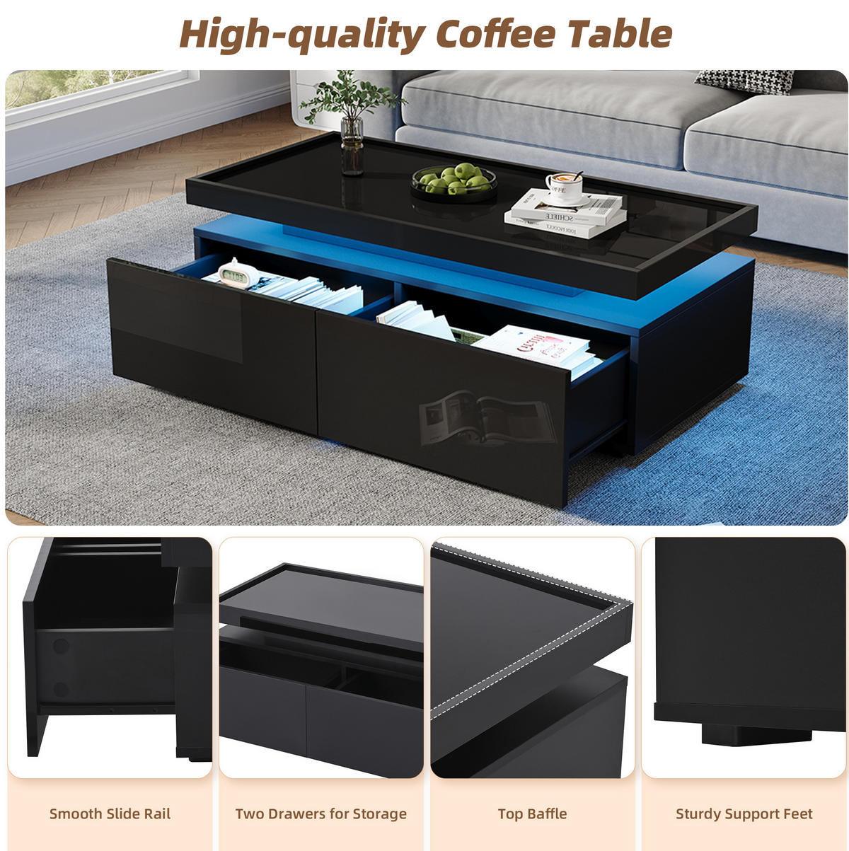 COUCHTISCH 95/45/35 cm in Schwarz aus Spanplatte mit LED und 2 Schubladen - Schwarz, Holzwerkstoff (95/45/35cm) - OKMYHOME