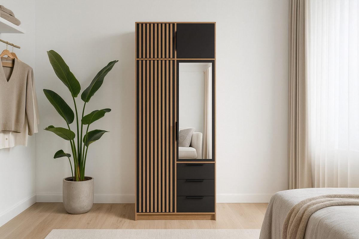 DREHTÜRENSCHRANK LABOO LUX 100/200/58 cm in Eiche Wotan / Schwarz mit Lamellen und Aufsatz - Eiche Wotan/Schwarz, Holzwerkstoff (100/245/58cm) - Deine Möbel 24