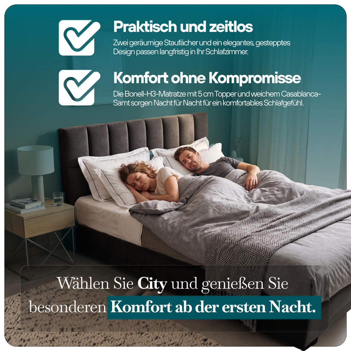 BOXBETT 200 x 200 cm mit Bonellmatratze H3, CITY, Elegant gestepptes Kopfteil und Topper 5cm, Bettkasten, Grau - Grau, Holzwerkstoff/Kunststoff (200/200cm) - Trada