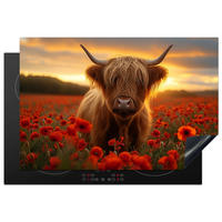 HERDABDECKPLATTE Schottische Highlander - Rosen - Blumenfeld - Sonnenuntergang Ceranfeldabdeckung 76x51.5 cm - Rotbraun, Kunststoff (76/51.5/0.2cm) - MuchoWow