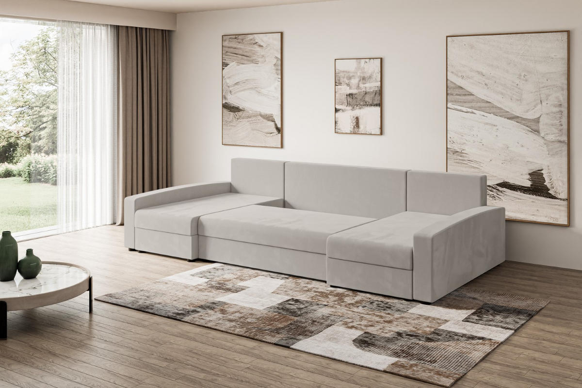 WOHNLANDSCHAFT mit Schlaffunktion und Bettkasten ALESIA-U 301x140x90 cm Hellbraun Velours - Hellbraun/Silberfarben, Holzwerkstoff/Kunststoff (301/90/140cm) - ALTDECOR