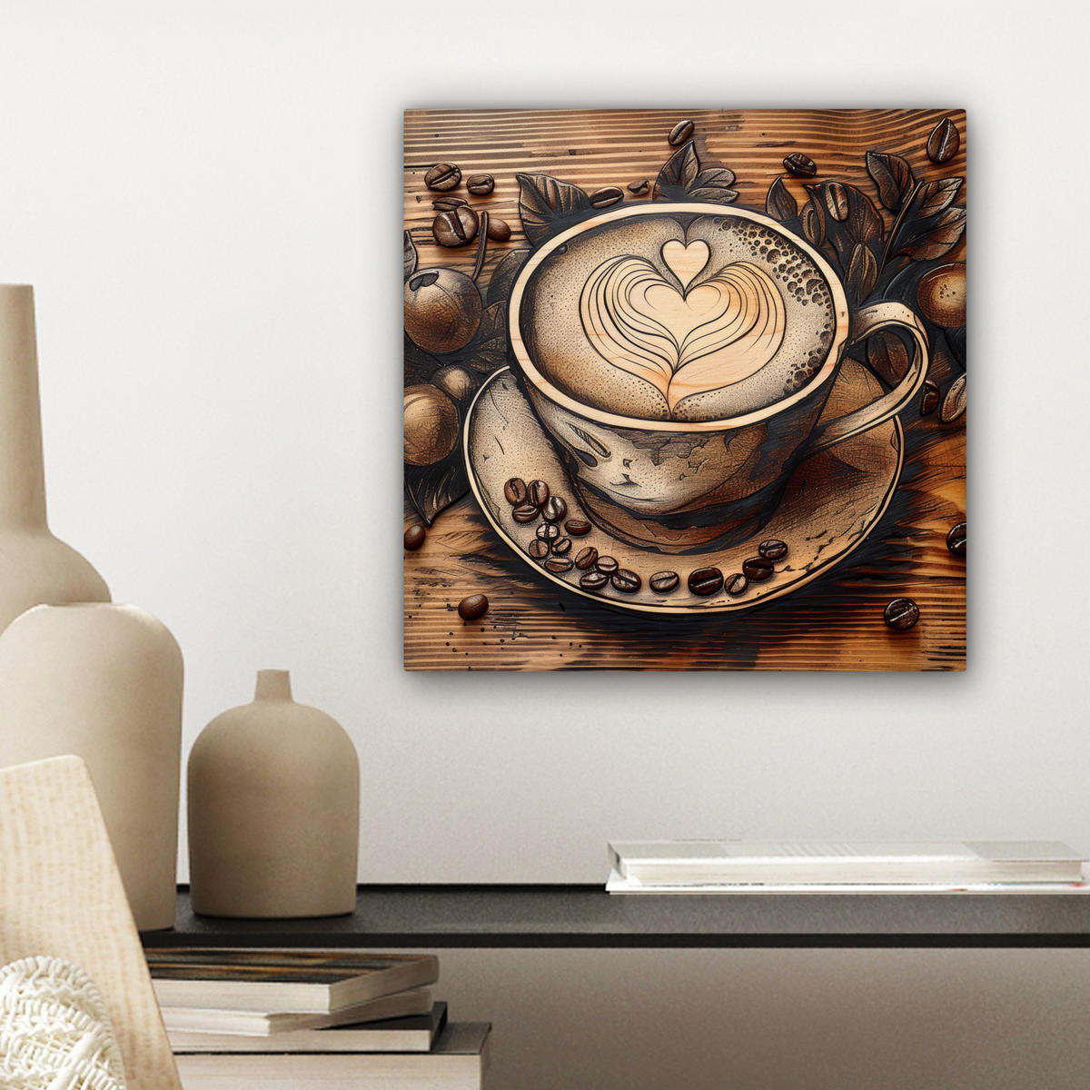 LEINWANDBILD Kaffee - Vintage - Braun - Tasse - Holz Deko Wohnzimmer 20x20 cm - Braun, Textil (20/20cm) - MuchoWow