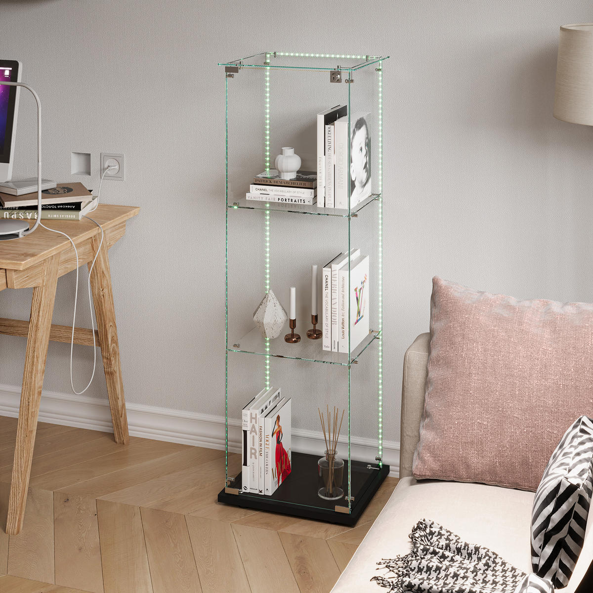 GLASVITRINE 125x42x36 cm 1 Tür 3 Einlegeböden LED Touch schwarz - Schwarz, Holz (39.8/123.3/35cm) - LEBENLANG