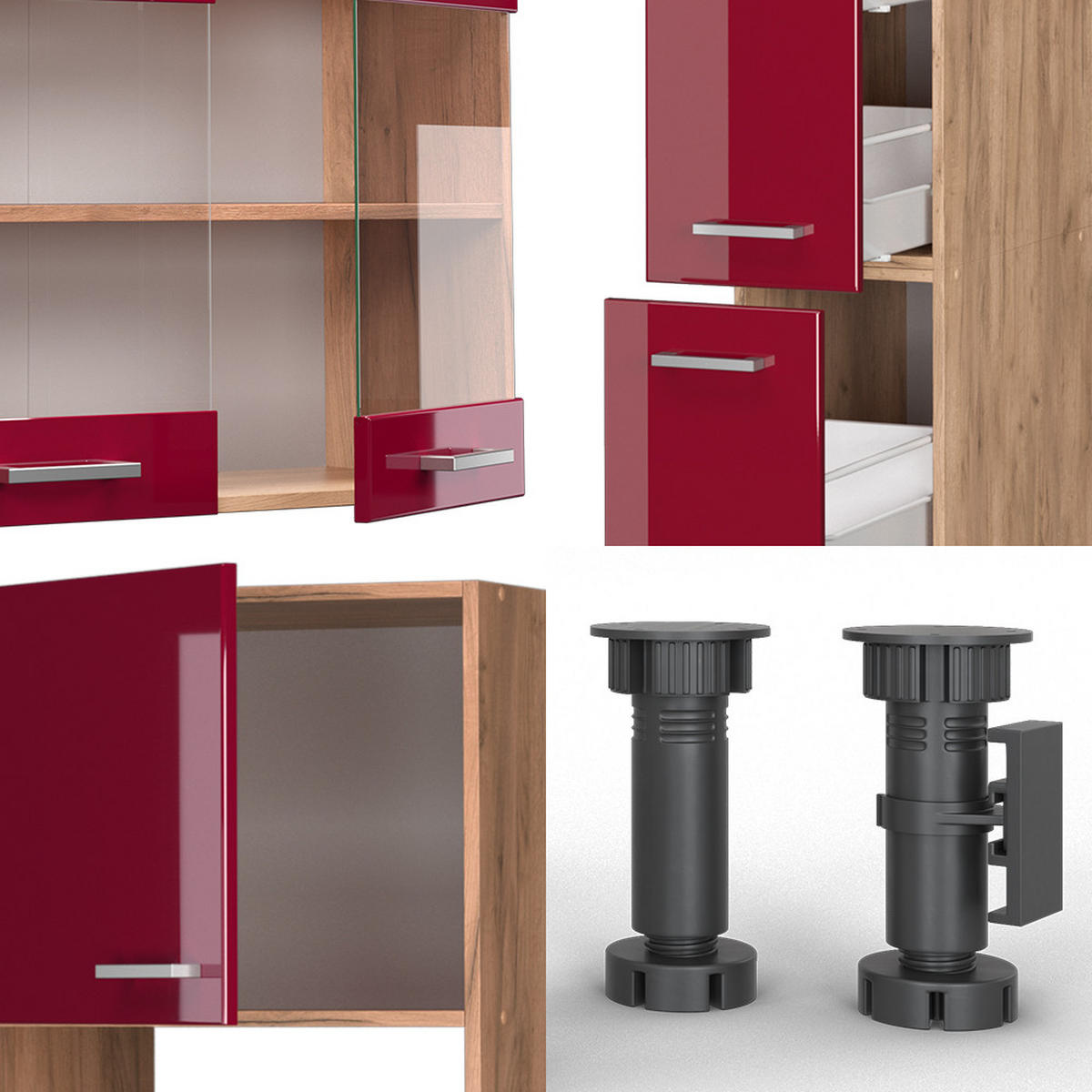 KÜCHENZEILE R-Line Rot Hochglanz/Goldkraft Eiche 350 cm mit Hochschrank, ohne Arbeitsplatte - Rot/Eiche Wotan, Holzwerkstoff (350/81.6/46cm) - Vicco