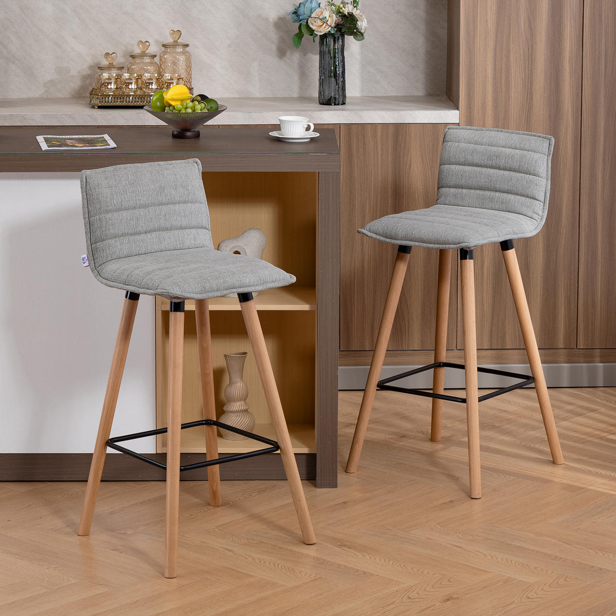 BARHOCKER 2er-Set DE-14800 gepolstert mit Rückenlehne & Fußstütze Grau - Grau, Holzwerkstoff (48/99.5/48cm) - ComfortXL