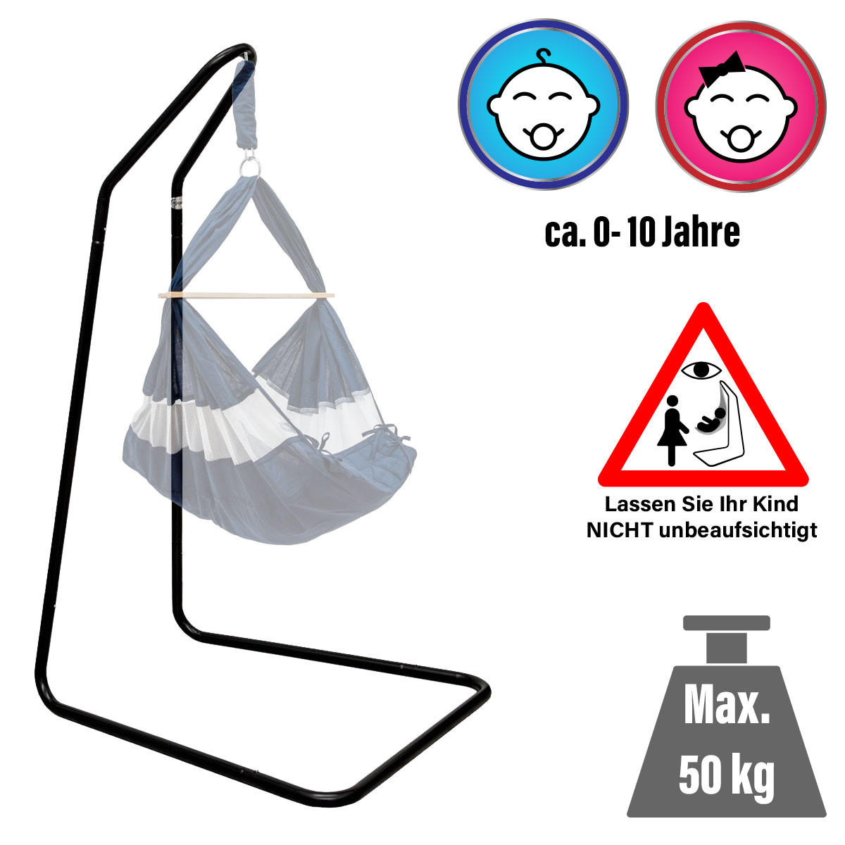 BABY-HÄNGESTUHLGESTELL 160cm, für Babywiege, Schwarz - Schwarz, Metall (100/80/160cm) - Amanka