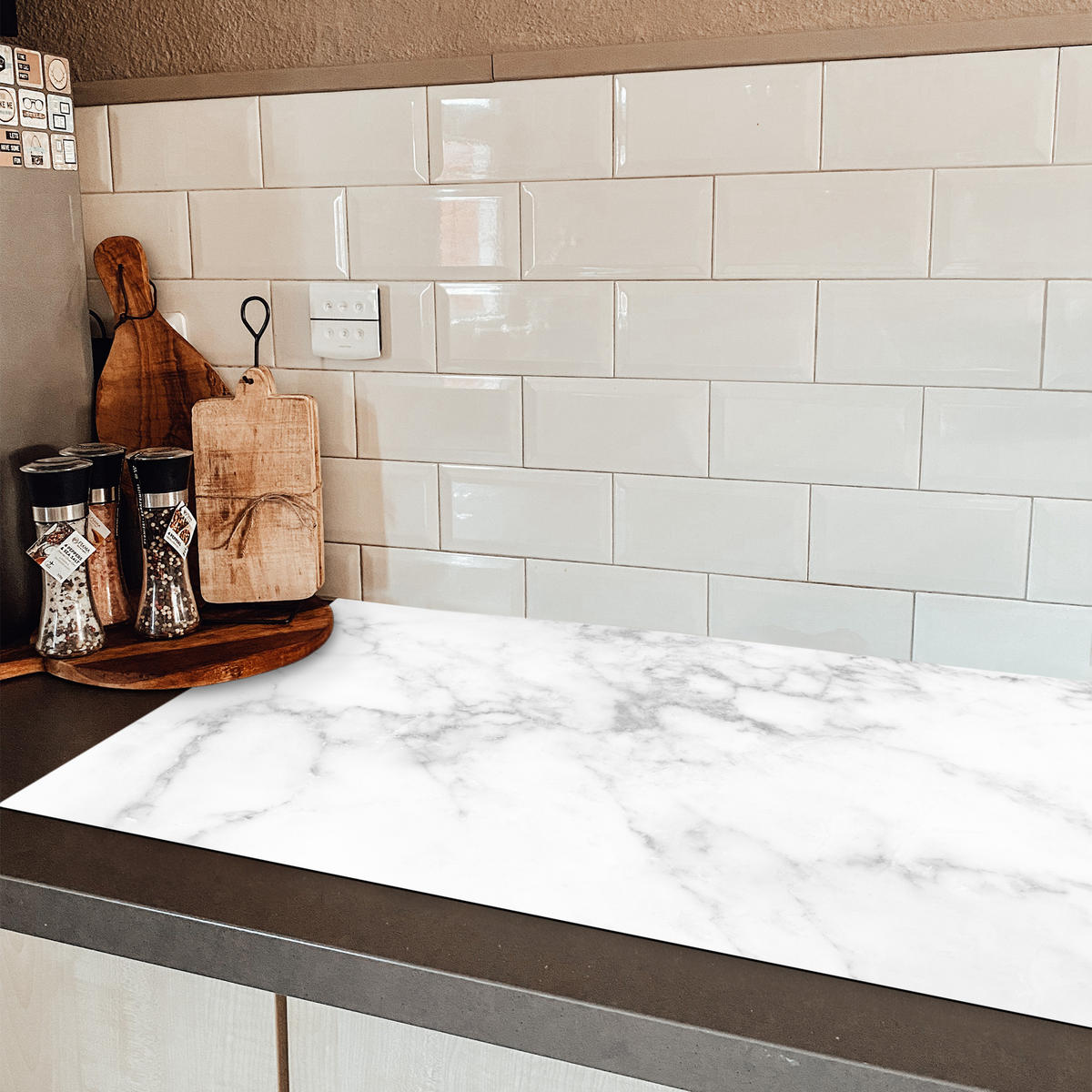 HERDABDECKPLATTE Marmor - Grau - Weiß - Strukturierter Marmor Induktionsschutz 89.6x51.6 cm - Weiß, Kunststoff (89.6/51.6/0.2cm) - MuchoWow