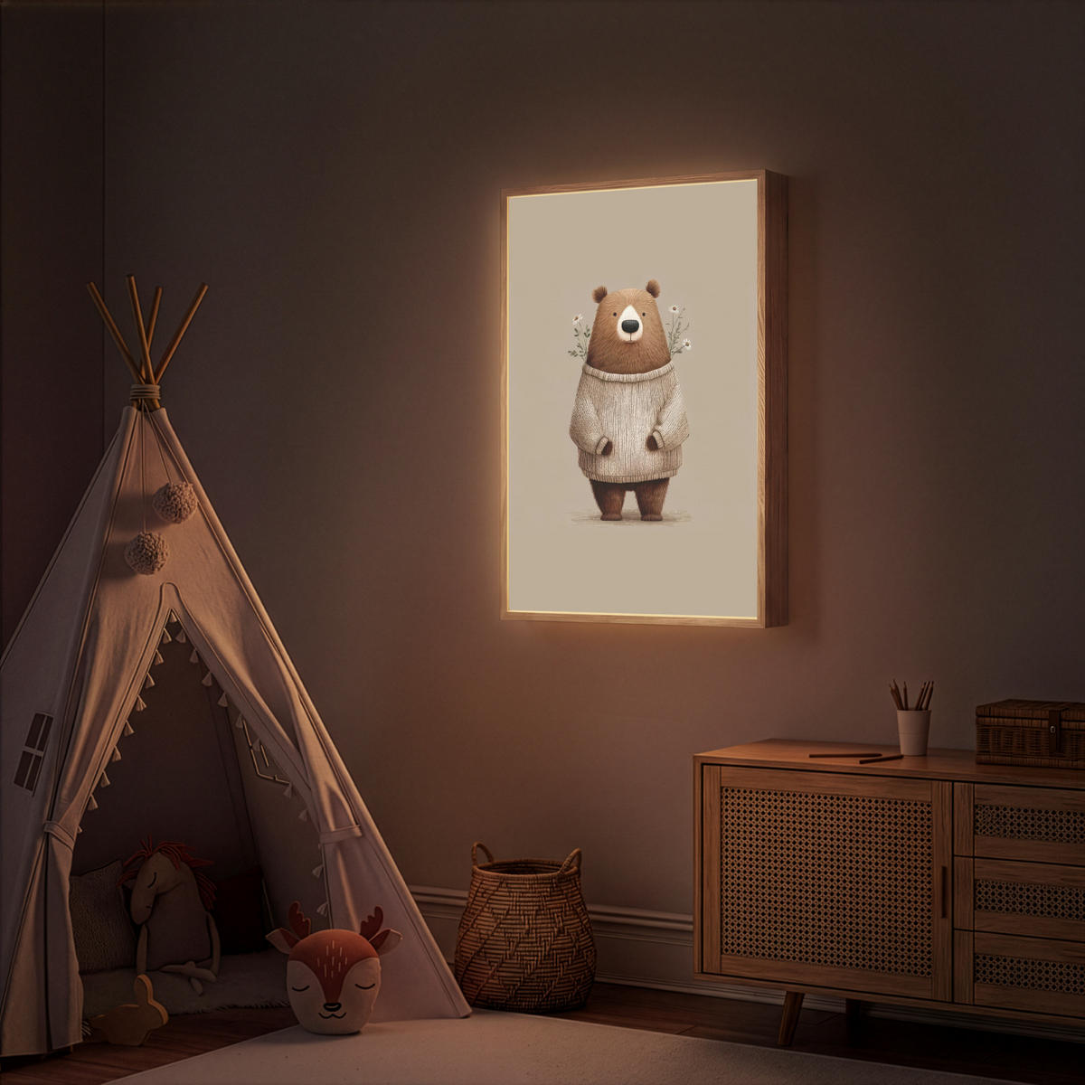 NACHTTISCHLAMPE MIT AKKU Bär - Weiße Blumen - Gemütlich 60x90 cm - Taupe, Holzwerkstoff (8/60/90cm) - OnlyWow