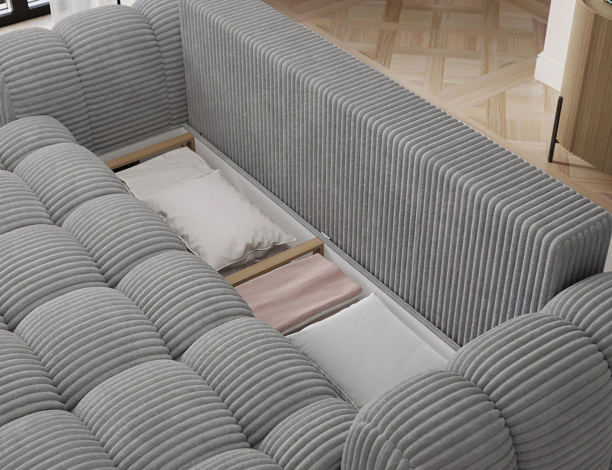 SCHLAFSOFA COTONN 256 cm – Modernes 3-Sitzer Sofa mit Schlaffunktion, Bettkasten und Dekokissen - Grau, Kunststoff (256/119/105cm) - Wohnideebilder