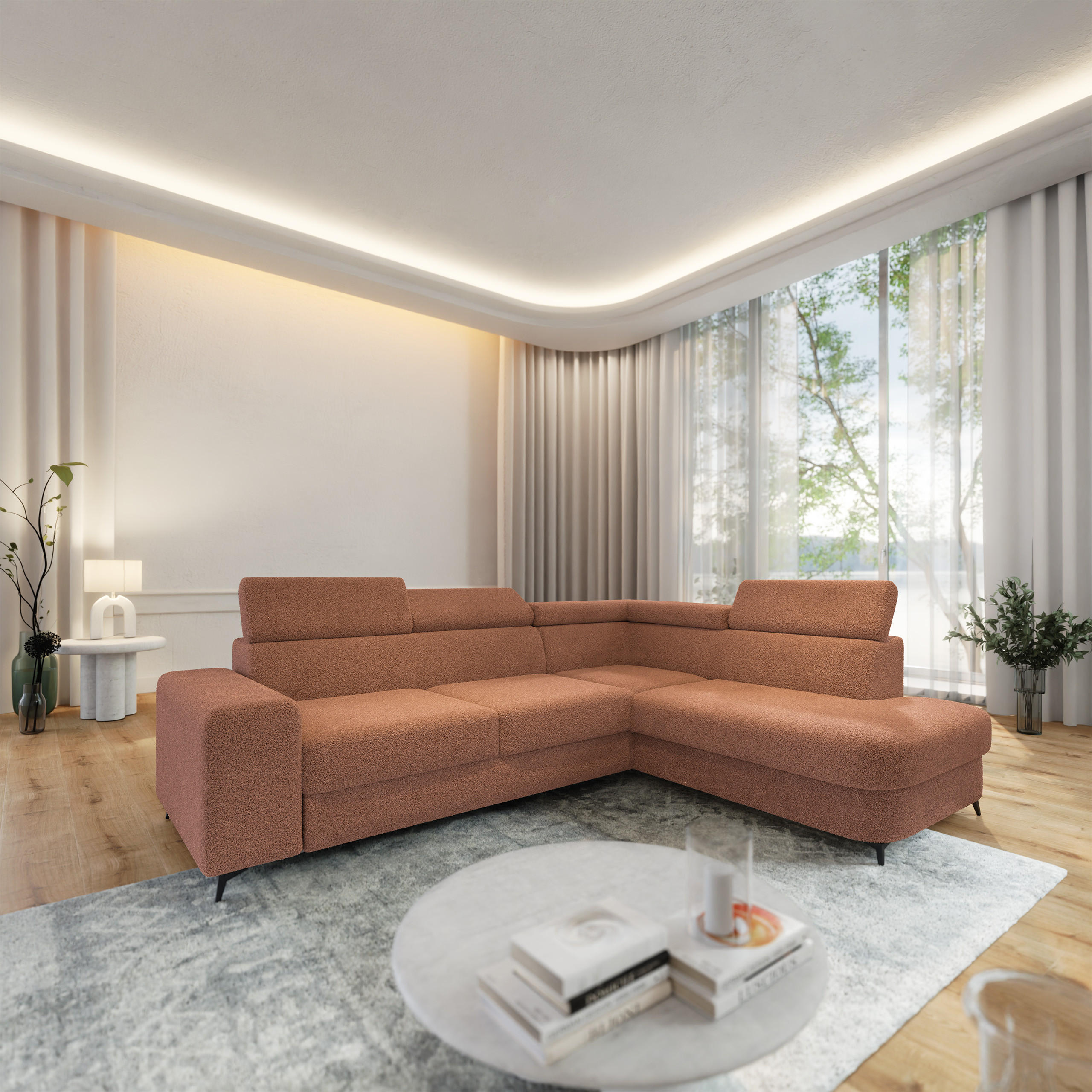 ECKSOFA ALVORO R-S Kupferfarben Boucle-Stoff mit Schlaffunktion - Kupferfarben, Holz (253/190cm) - MASSENO