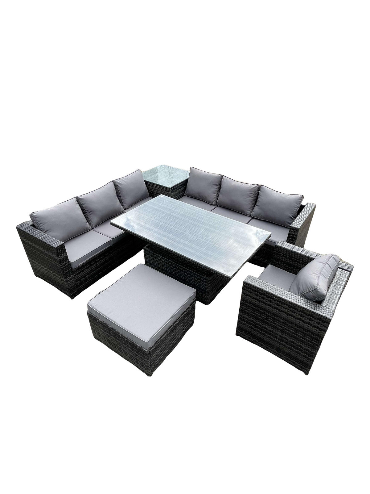 LOUNGESOFA Polyrattan 8-Sitzer - Dunkelgrau/Grau, Glas/Kunststoff - Fimous