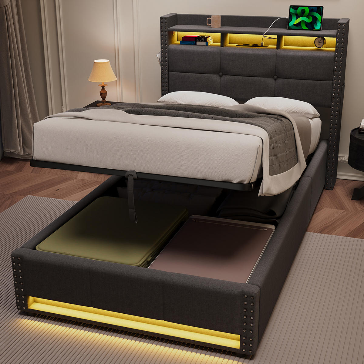 POLSTERBETT 90/200 cm dunkelgrau aus Leinenstoff mit hydraulischem Stauraumkopfteil LED und USB-Ladefunktion - Dunkelgrau, Textil (90/200cm) - OKWISH