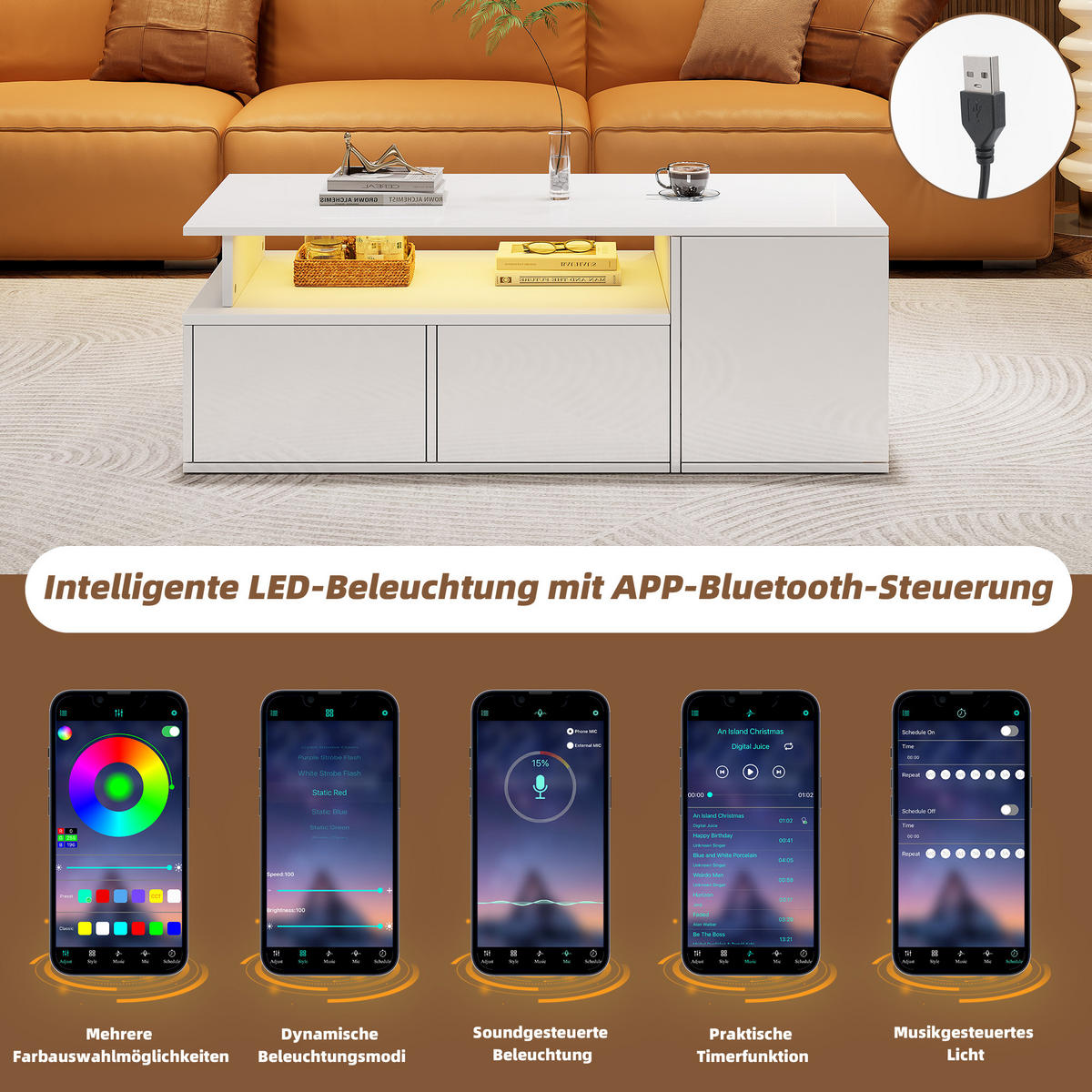 COUCHTISCH DE-112 LED 3-Ebenen Weiß - Weiß, Holzwerkstoff (50/100/35cm) - ComfortXL