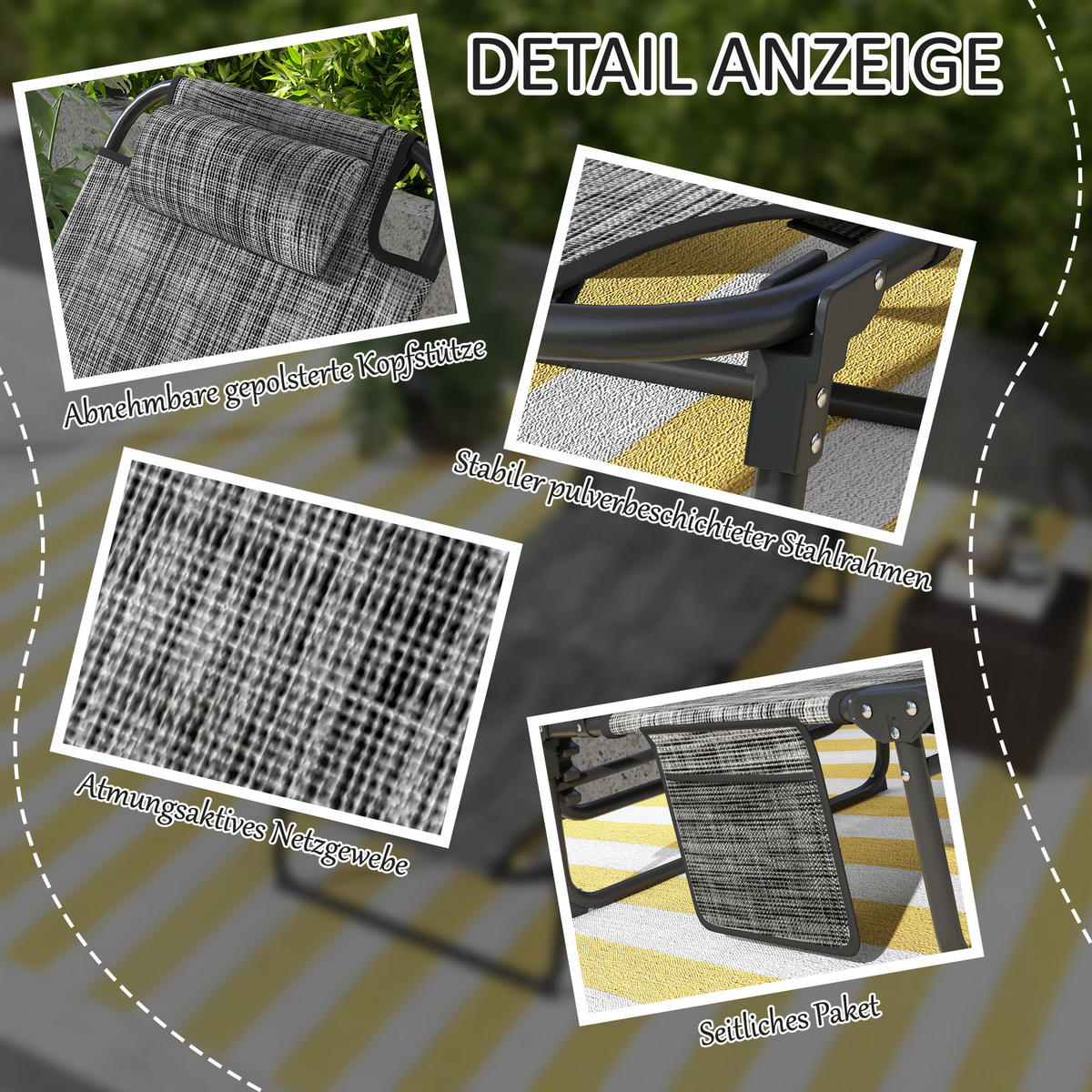 CAMPINGLIEGE, Klappbett mit Kopfkissen, verstellbarem Rückenlehne, Stahl, Grau - Grau, Textil/Metall (189/30/68cm) - Outsunny