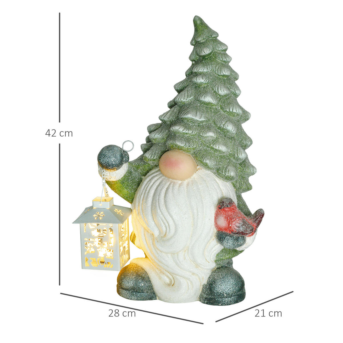 WEIHNACHTSDEKO Figur 42 cm Weihnachtsmann mit Weihnachtsbaum-Mütze und Laterne - Weiß/Grün, Metall (21/42/28cm) - HOMCOM