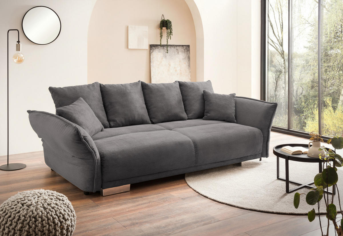 BIG-SOFA mit Schlaffunktion, Bettkasten, Federkern, Armlehnen verstellbar B242/T131/H90 cm, Liegefläche 168x199 cm, Cord Grau Anthrazit / 17214 - Chromfarben/Schieferfarben, Kunststoff/Textil (242/90/131cm) - luma-home