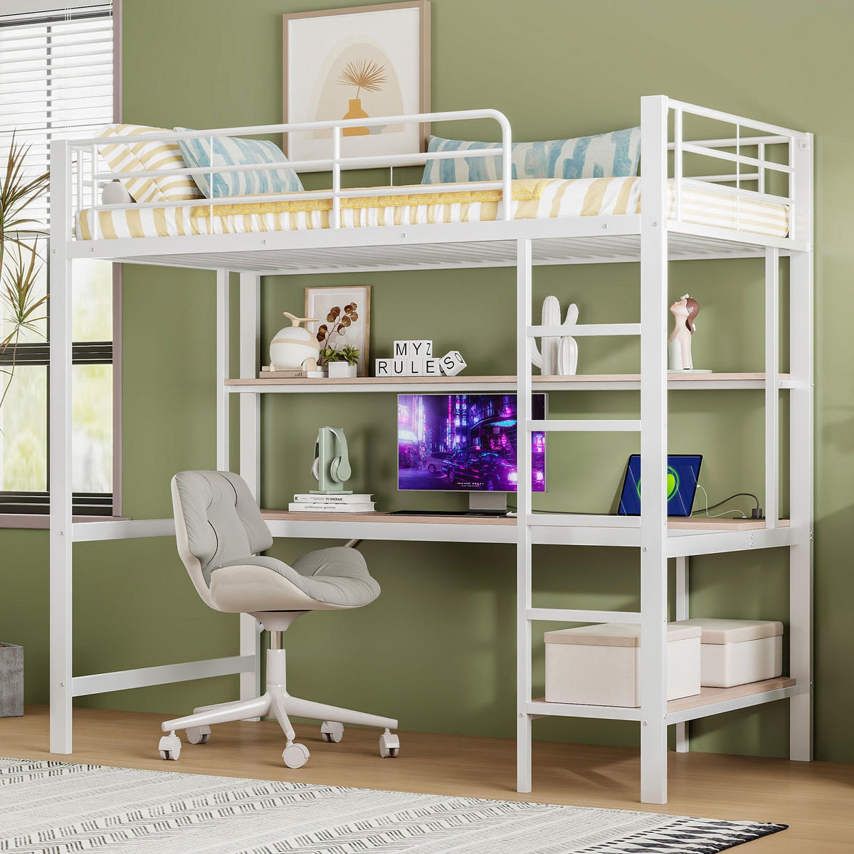 HOCHBETT 90x200cm Weiß Metall LED-Licht Schreibtisch USB - Weiß, Metall (90/200cm) - FLIEKS