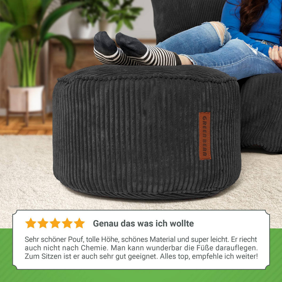 SITZSACK-HOCKER Pouf "Cord" 45x25cm - Schwarz, Textil (45/25/45cm) - Green Bean