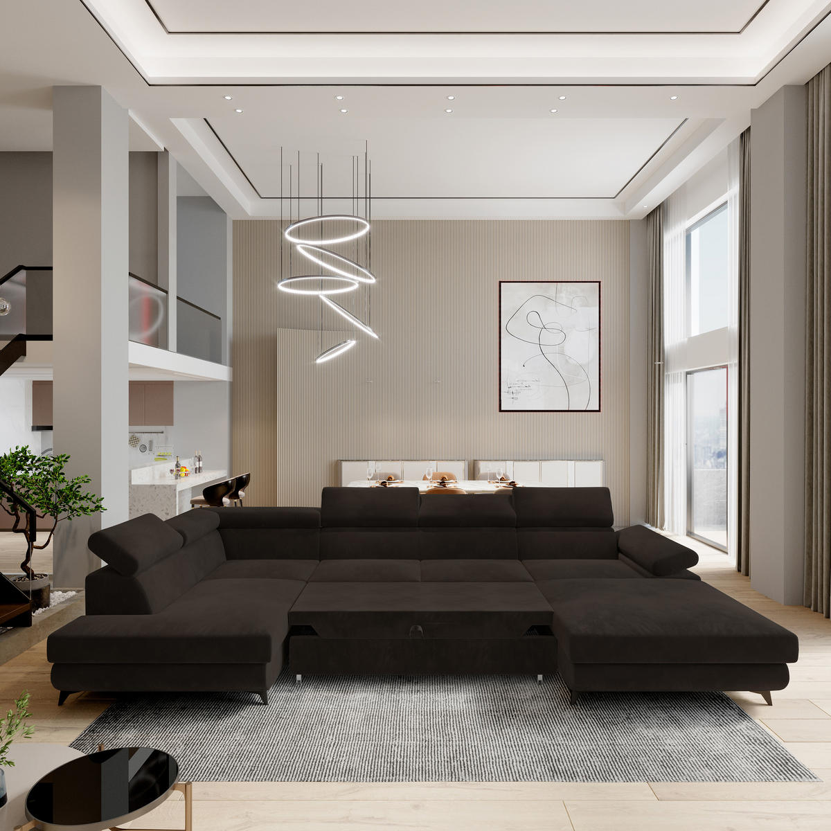 WOHNLANDSCHAFT RUBANO L-S Braun Velours-Stoff mit Schlaffunktion - Braun, Holz (339/89/190cm) - MASSENO