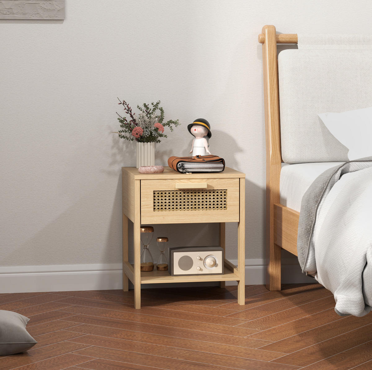 NACHTTISCH 40/40/48,4 cm mit Schublade & offenem Fach in Natur mit Rattan-Optik - Hellbraun, Holz (40/48.4/40cm) - BEAOK