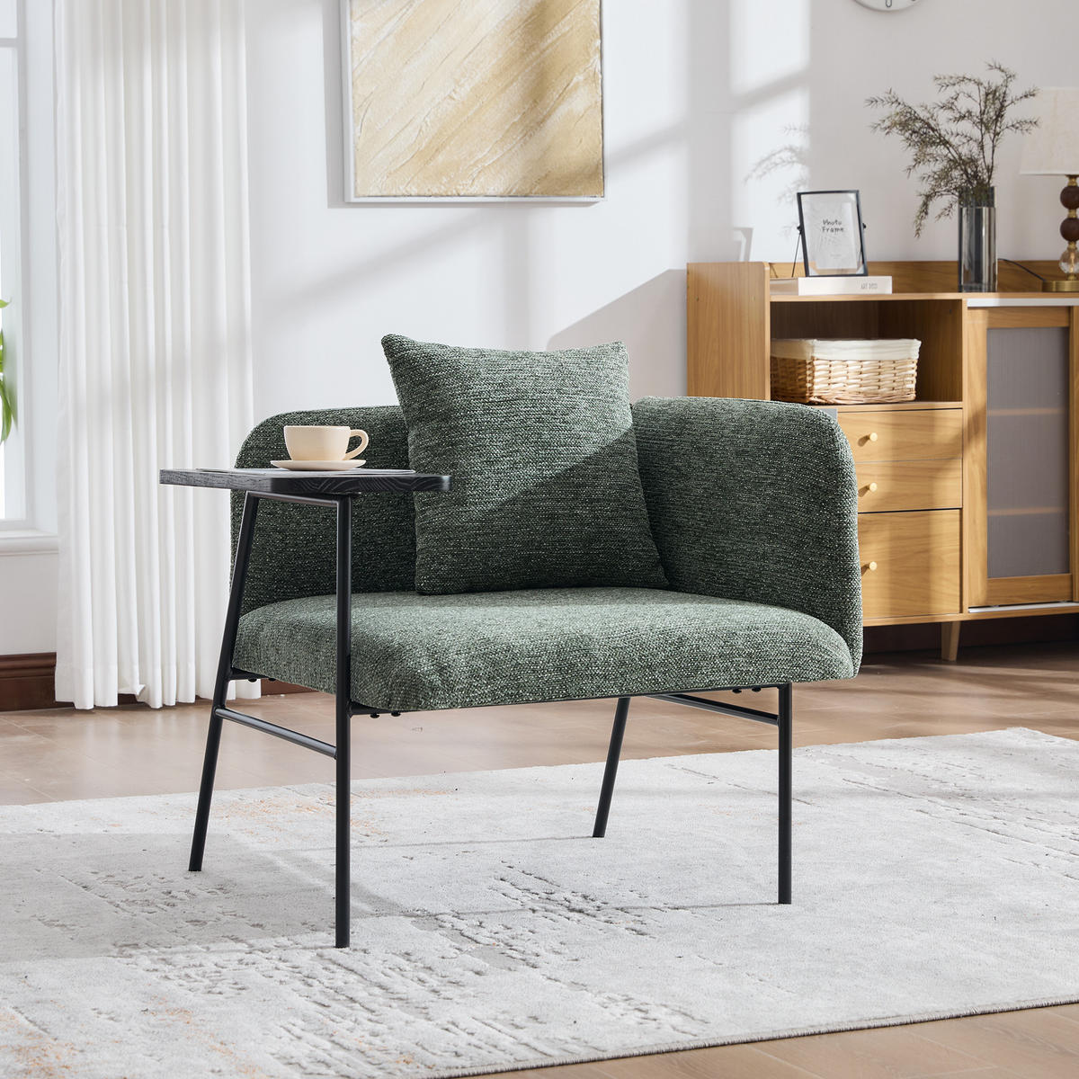 SESSEL Chenille Smaragdgrün mit Beistelltisch und Seitentaschen - Grün, Textil/Metall (86/71/72cm) - WISHDOR