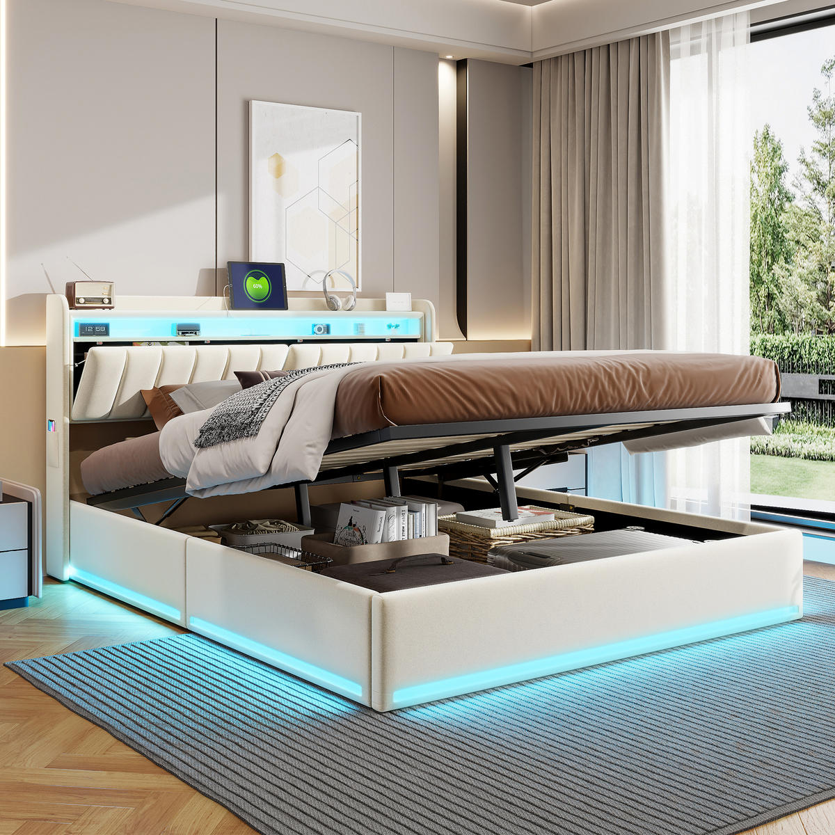 ČALÚNENÁ posteľ 140x200cm béžová zamatová LED úložná jednotka s USB - béžová, kov (140/200cm) - SHOPENTRA