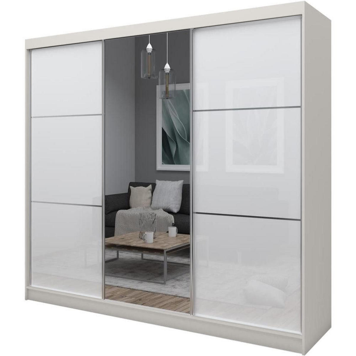 SCHWEBETÜRENSCHRANK Viva 240/216/61 kaschmir mit Lacobel-Glas und Schubladeneinsätze - Kaschmir/Weiß, Holzwerkstoff (240/216/61cm) - Beautysofa