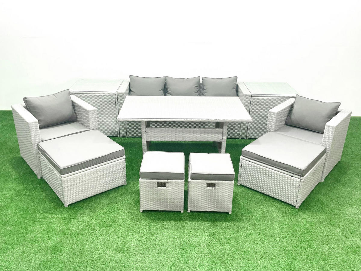 GARTENSET mit Esstisch,Sofa,3 Fußhocker, 2 Beistelltischen,2 Stühle Polyrattan Hellgrau 9-Sitzer - Hellgrau/Grau, Glas/Kunststoff - Fimous