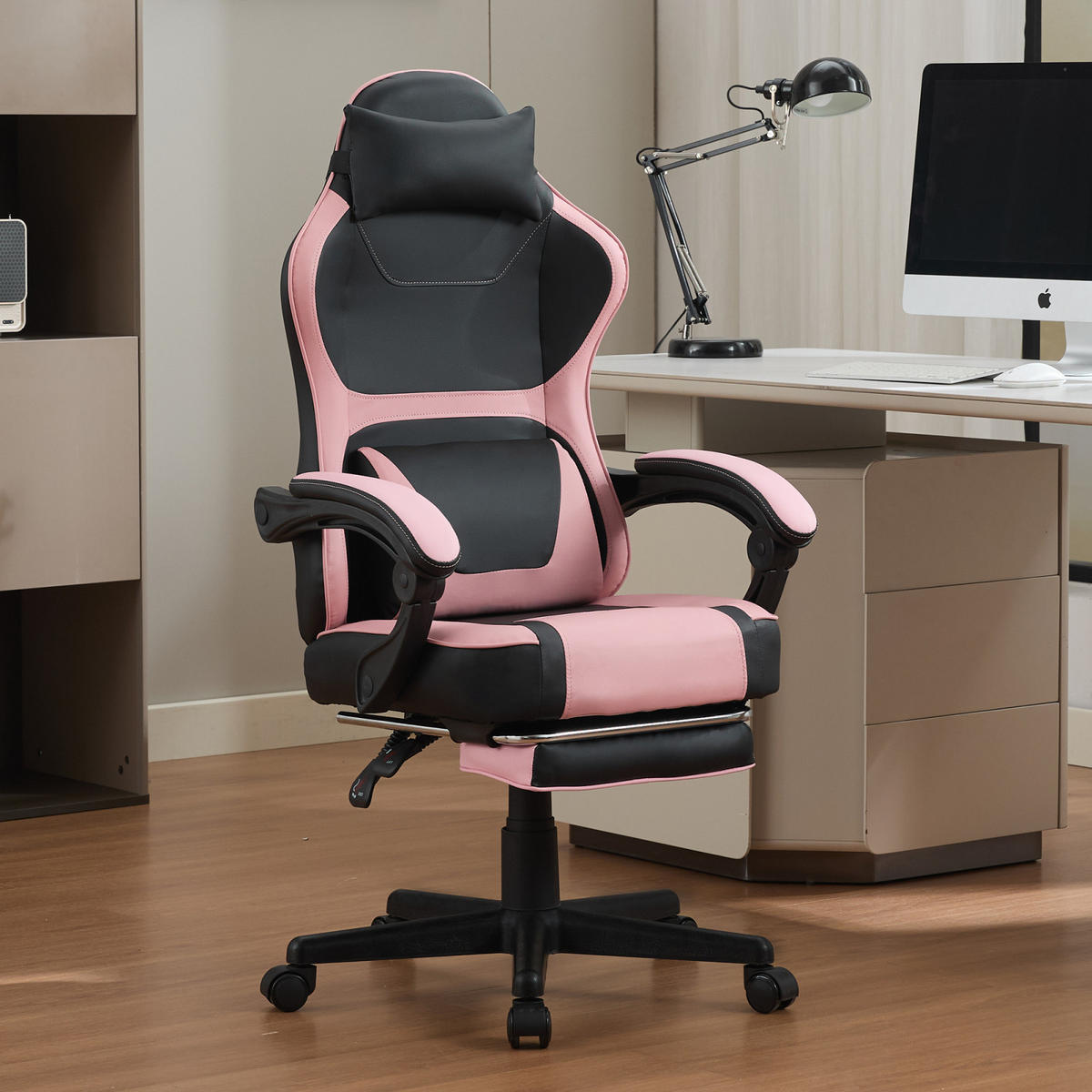 GAMING-STUHL schwarz-pink ergonomisch mit ausziehbarer Fußstütze, Nacken- und Lendenkissen, höhenverstellbar - Pink, Leder (54/116/61cm) - BRILVERDE
