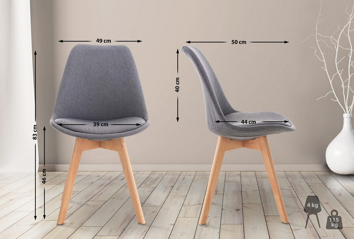 STUHL 4er Set Stoff grau - Eukalyptusholzfarben/Grau, Holz/Textil (49/83/50cm) - CLP