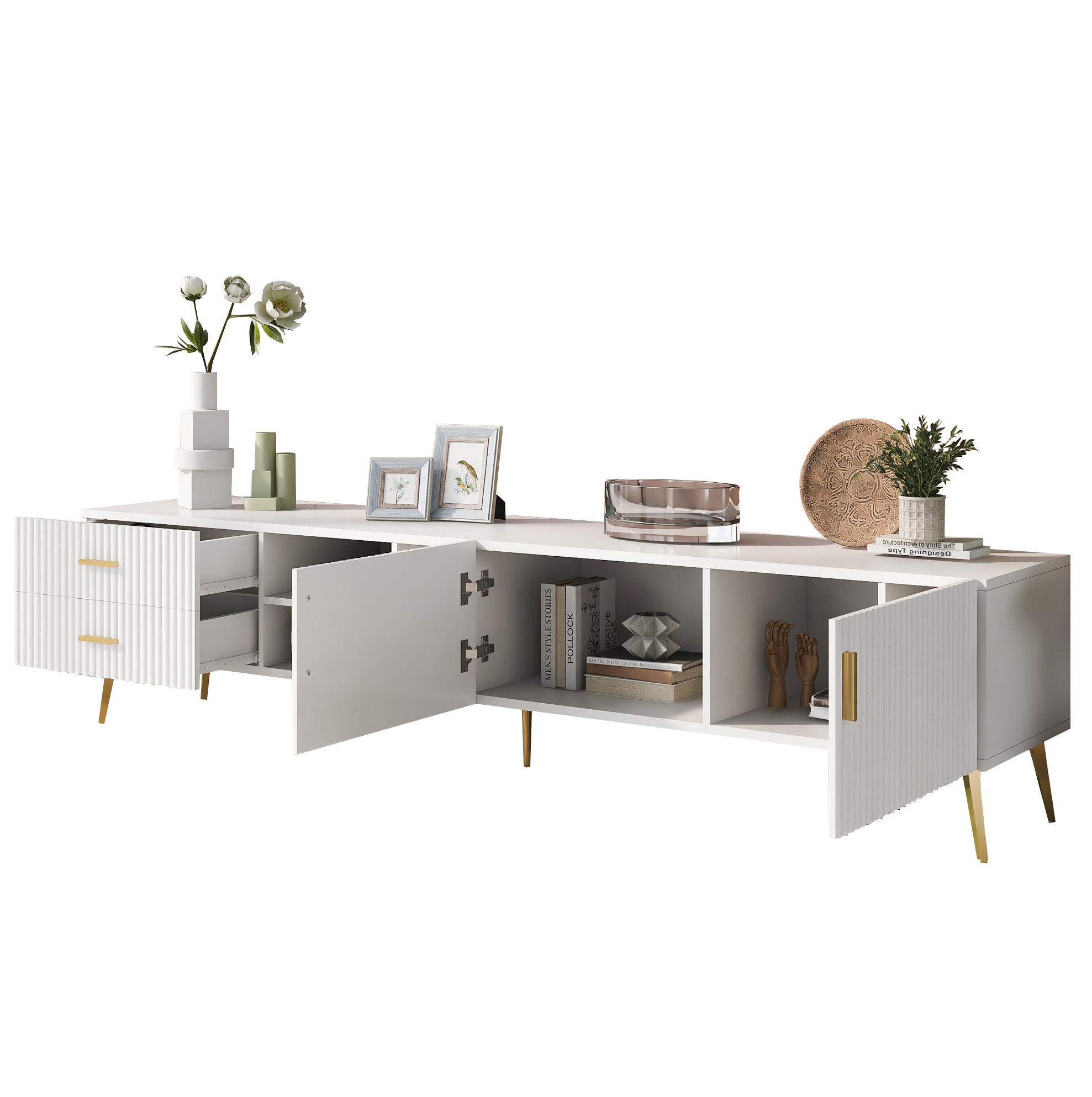 TV-LOWBOARD aus MDF 180x35x41 cm Weiß mit 2 Schubladen, 2 Türen und 3 offenen Fächern - Weiß, Holzwerkstoff (180/44/35cm) - Modfu