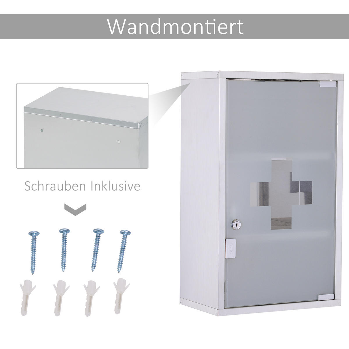 MEDIZINSCHRANK, Erste Hilfe, mit Schloss, Edelstahl, 30 x 18 x 50 cm - Silberfarben, Glas (18/50/30cm) - HOMCOM