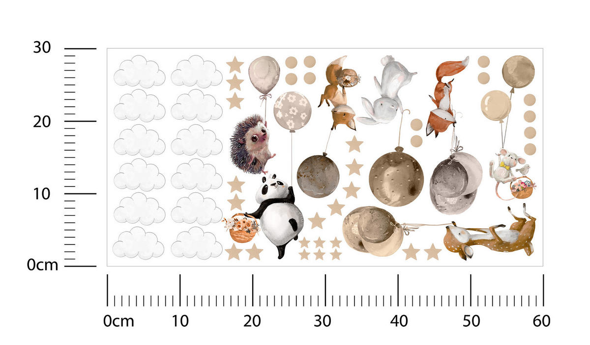 SADA NÁLEPIEK Zvieratá Balóny Oblaky Hviezdy Bodky 60 x 30 cm - oranžová/hnedá, papier (60/30/1cm) - Muralo