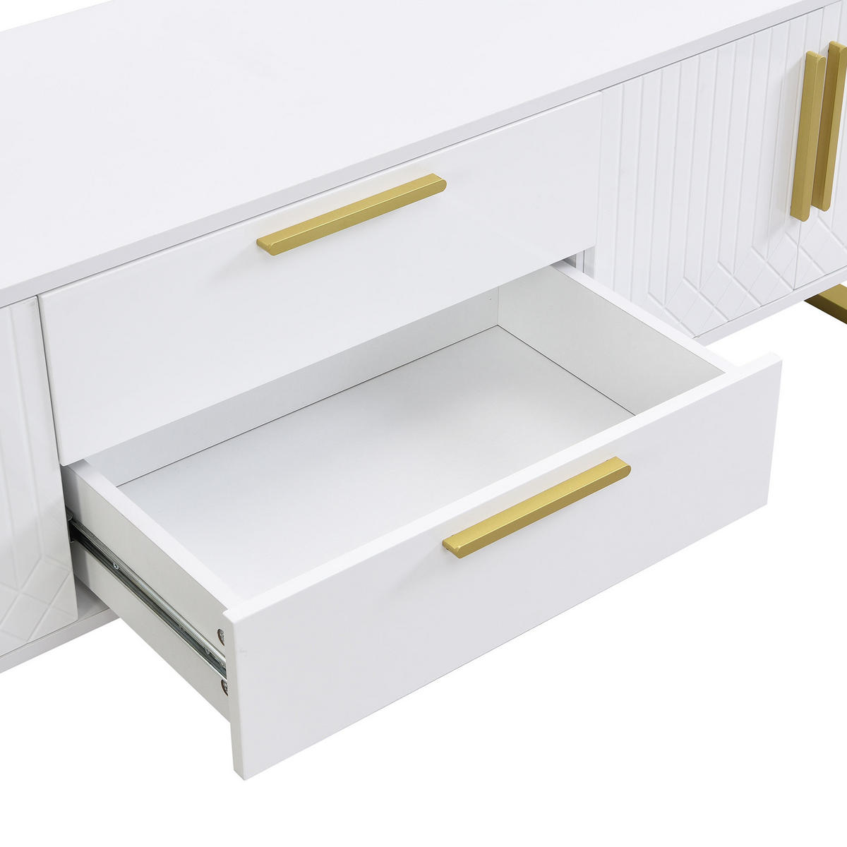 TV-SCHRANK Weiß Hochglanz 170/40/53,5 cm Goldgriffe Goldfüße Gravierte Türen - Weiß, Karton (40/53.5/170cm) - PANGIVO