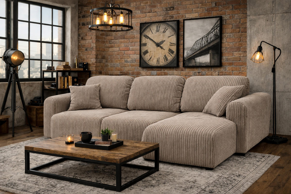 ECKSOFA Mit Schlaffunktion Und Bettkasten, Sofa L-Form Bingo L, Cordstoff Poso, Dunkelbeige, Rechts - Beige, Holz (250/142cm) - Kaiser Möbel