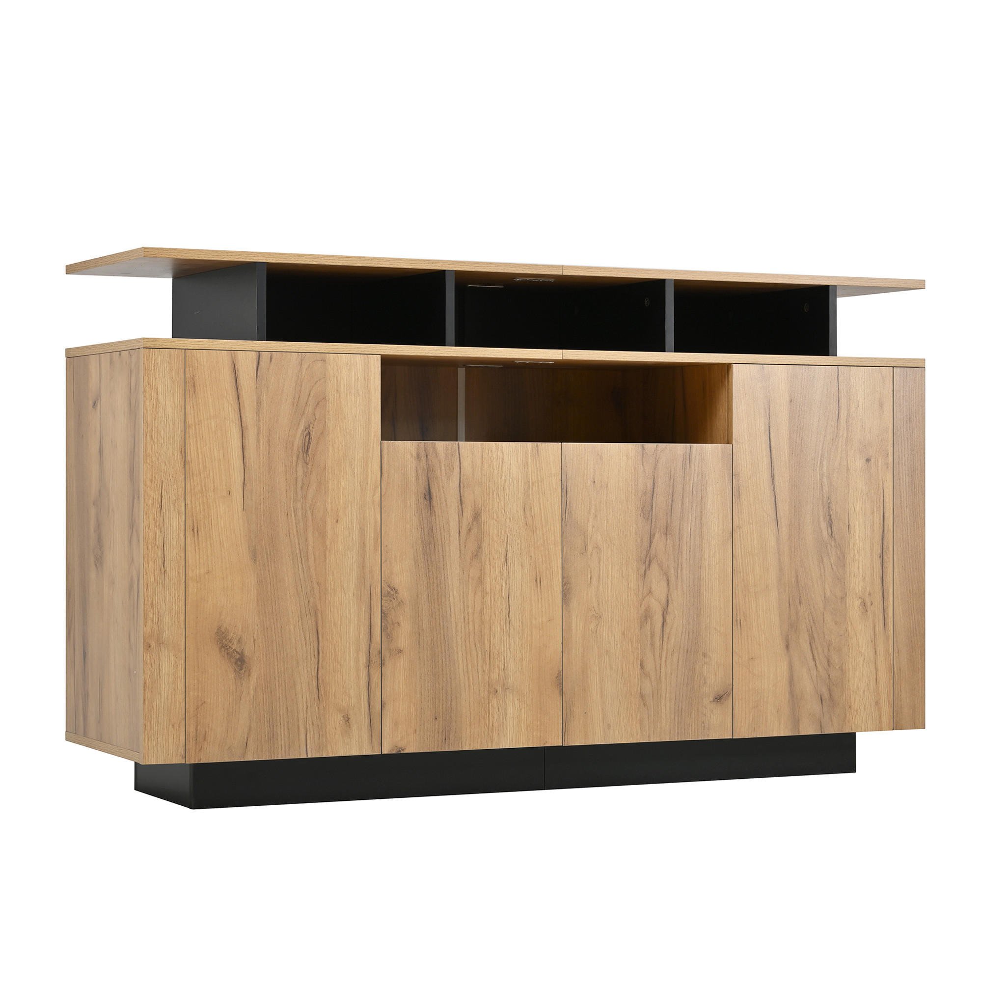 BUFET 140 cm lemn natural si negru cu 4 usi si sertare deschise in stil modern