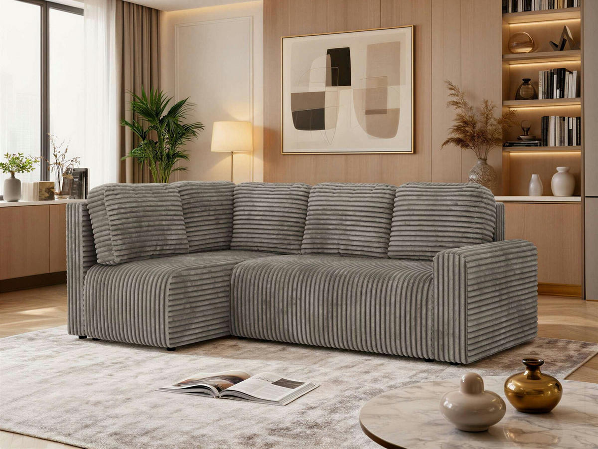 ECKSOFA NESSARO COR L - Hellbraun Cord - Links - Hellbraun/Schwarz, Kunststoff/Textil (151/240cm) - MKS