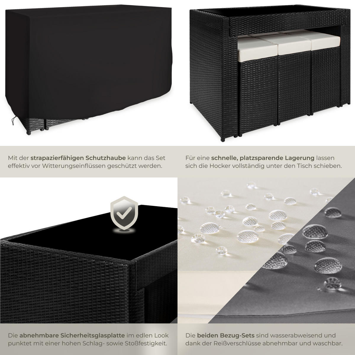 RATTAN BARSET Ibiza,2 Bezugssets,schwarz - Schwarz, Kunststoff - tectake