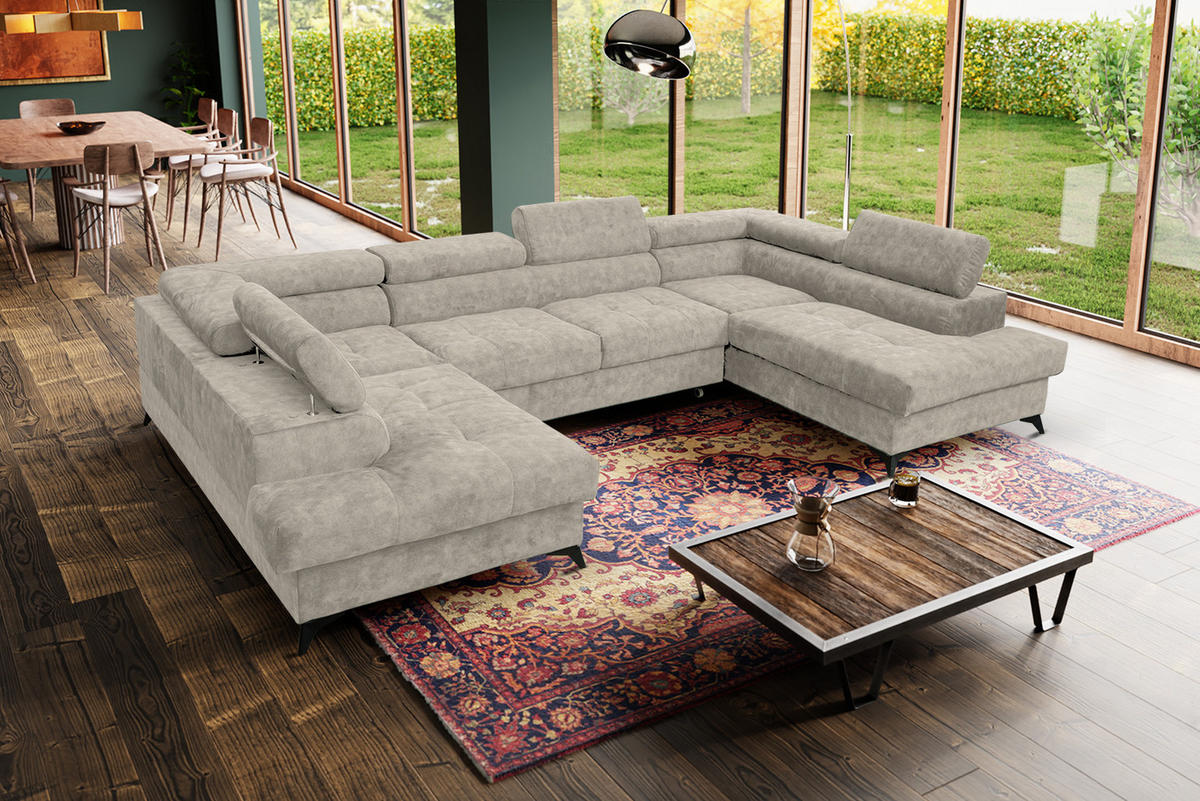WOHNLANDSCHAFT Palermo in U-Form, beige, Stoff Sally, mit Schlaffunktion und zwei Bettkästen, 345 x 202 cm - Beige, Kunststoff (345/87/202cm) - Margaret Hadas24