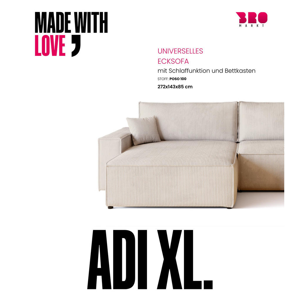Thumbnail - Bromarkt Ecksofa, Creme, Textil, 4-Sitzer, L-Form, 272x143 cm, Wohnzimmer, Sofas & Couches, Wohnlandschaften, Ecksofas