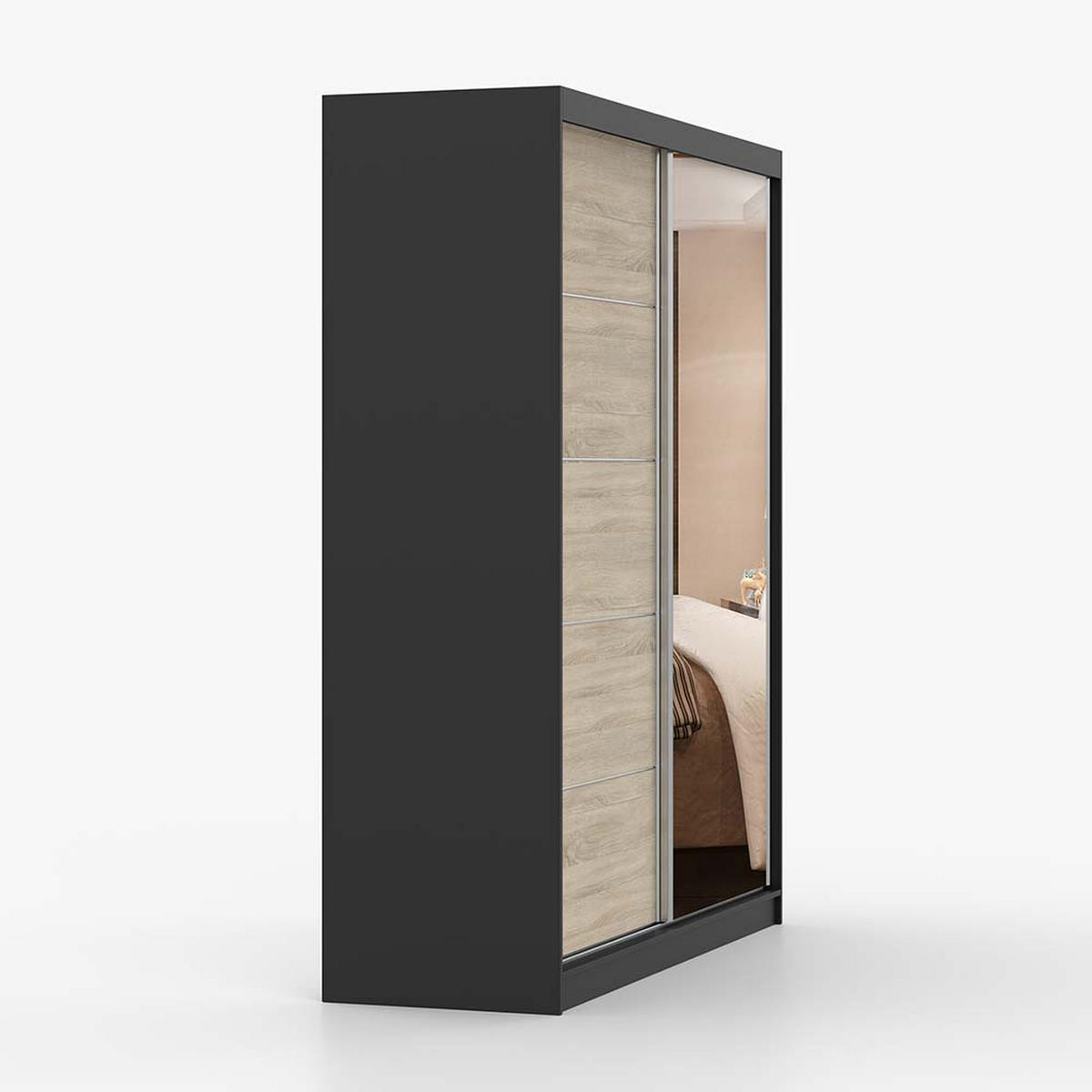 SCHWEBETÜRENSCHRANK 183/218/61 cm 2-türig Bella 03 Schwarz, Sonoma Eiche - Alufarben/Schwarz, Glas/Holzwerkstoff (183/218/61cm) - imoebel24