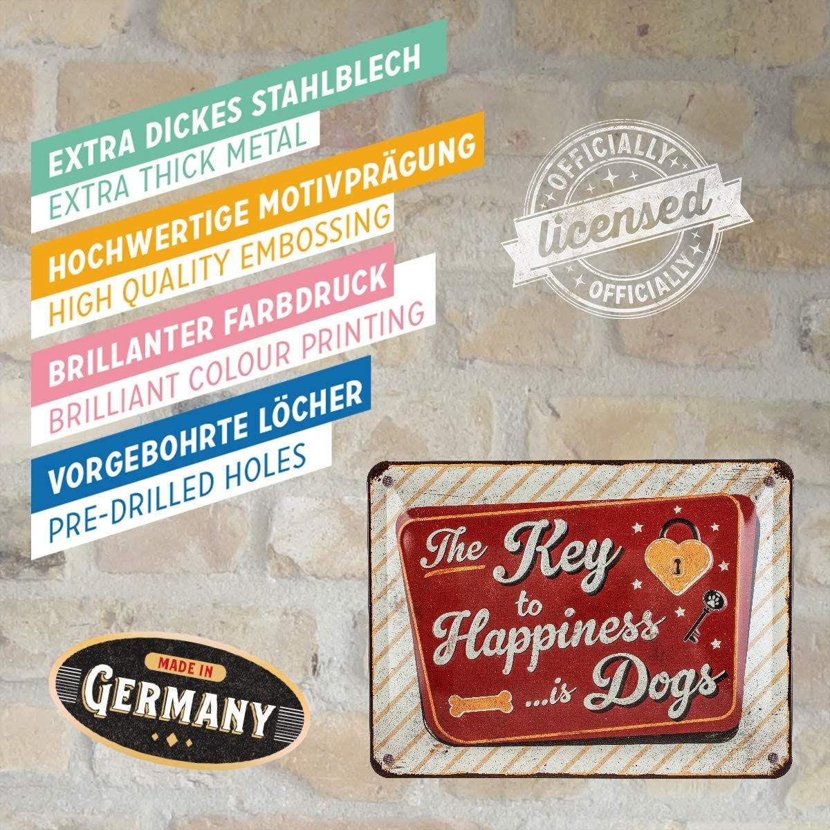 BLECHSCHILD 15/20 cm PfotenSchild Key to Happiness - Multicolor, Metall (20/15/0.5cm) - Nostalgic-Art